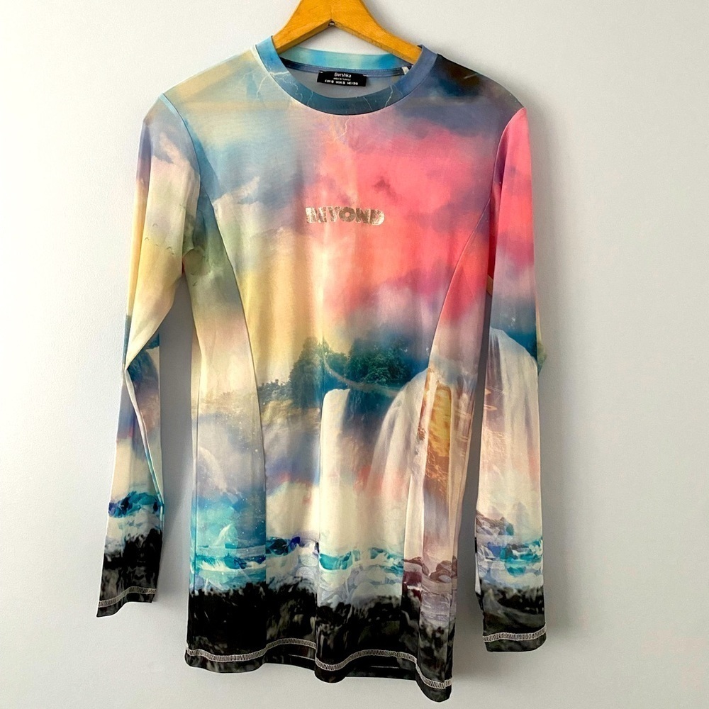 Bershka Women's Size Small Sheer Colorful Long Sleeve Top, Beyond Graphic Top